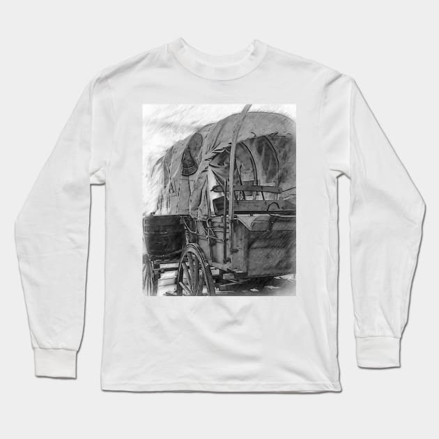 Black And White Sketched Covered Wagon Long Sleeve T-Shirt by KirtTisdale